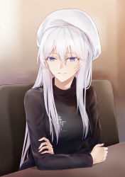 Rule 34 | 1girl, azur lane, black sweater, breasts, commentary, enterprise (azur lane), hat, highres, large breasts, long hair, looking at viewer, purple eyes, silver hair, sitting, solo, suprii, sweater, white hat