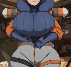 Rule 34 | 1girl, :3, alternate breast size, apex legends, blue bodysuit, blue gloves, bodysuit, breasts, commentary, curvy, english commentary, gloves, grey bodysuit, head out of frame, head tilt, highres, hood, hooded jacket, huge breasts, jacket, kings canyon, orange jacket, ribbed bodysuit, skindentation, smile, solo, takano (miyo takano), thick thighs, thigh strap, thighs, wattson (apex legends), wide hips, zipping
