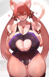 Rule 34 | 1girl, animal ear fluff, animal ears, blush, breasts, cat ears, cat tail, cleavage, cleavage cutout, clothing cutout, collarbone, cowboy shot, cyrvt, dot nose, fang, fangs, furry, furry female, hair between eyes, heart, highres, huge breasts, jewelry, kyuuri, long hair, looking at viewer, matching hair/eyes, necklace, one-piece swimsuit, open mouth, original, red eyes, red hair, skin fang, smile, solo, standing, sweat, swimsuit, tail, thick thighs, thigh gap, thighhighs, thighs, twintails, w arms, wet, wide hips