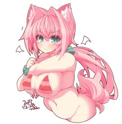Rule 34 | 1girl, animal ears, blush, bow, breasts, cleavage, green eyes, hair intakes, large breasts, long hair, navel, original, pink hair, ponytail, rikumaru, solo, souffle gamberetto, striped, swimsuit, tail, very long hair