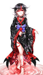 Rule 34 | 1girl, absurdres, alternate costume, ankle ribbon, bad id, bad pixiv id, barefoot, black hair, black kimono, black nails, breasts, choker, collarbone, eyes visible through hair, floral print, flower, grey horns, highres, horns, japanese clothes, kijin seija, kimono, leg ribbon, legs, licking lips, long sleeves, looking at viewer, multicolored hair, nail polish, obi, red eyes, red hair, red nails, ribbon, ripples, rose, sash, sheya, short hair, side slit, simple background, small breasts, solo, streaked hair, tattoo, thighs, tongue, tongue out, touhou, water, white background, white hair, wide sleeves