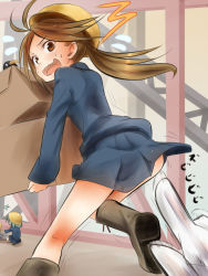 Rule 34 | 10s, 2girls, ahoge, akino shuu, akisyuuno, blue skirt, boots, box, brown eyes, brown hair, clothes lift, construction, failure penguin, fairy (kancolle), from behind, gameplay mechanics, green hair, helmet, helmet musume (kancolle), kantai collection, long sleeves, looking at viewer, looking back, maintenance musume (kancolle), multiple girls, open mouth, personification, pleated skirt, pov, short hair, skirt, skirt lift, sweat, trembling, twintails, wavy mouth