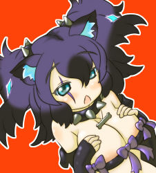 Rule 34 | 10s, 1girl, animal ear fluff, animal ears, aqua eyes, bare shoulders, big hair, black collar, black gloves, blush, breasts, cerberus (kemono friends), chestnut mouth, cleavage, collar, commentary request, dog ears, dog girl, dutch angle, elbow gloves, fang, fingerless gloves, fuuryuu (kazamaryusuke), gloves, half-closed eyes, hands up, kemono friends, large breasts, looking at viewer, medium hair, open mouth, orange background, outline, purple hair, raised eyebrows, scar, scar across eye, scar on face, simple background, solo, spiked collar, spikes, upper body, white outline
