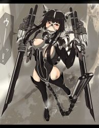 Rule 34 | 1girl, animal ears, ball gag, black hair, breasts, breasts out, clothing cutout, cyborg, drooling, fake animal ears, full body, gag, gagged, gatling raid, harness gag, high heels, highres, large breasts, mecha musume, mechanical arms, mechanical ears, mechanical legs, mechanical tail, moaning, nipple piercing, nipple rings, nipples, piercing, pussy juice, pussy juice puddle, red eyes, saliva, sidelocks, solo, speech bubble, tail, thigh cutout, weapon