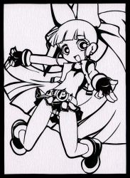 Rule 34 | 00s, 1girl, :d, akazutsumi momoko, ankle boots, artist request, bare shoulders, belt, boots, bow, dress, full body, greyscale, hair bow, hyper blossom, kirigami, long hair, looking at viewer, monochrome, open clothes, open mouth, open vest, outstretched arm, ponytail, powerpuff girls, powerpuff girls z, simple background, smile, solo, uniform, very long hair, vest, white background
