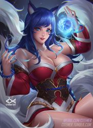 Rule 34 | 1girl, ahri (league of legends), animal ears, arm up, artist name, bare shoulders, bead bracelet, beads, black hair, blue eyes, bracelet, breasts, citemer, cleavage, collarbone, corset, detached sleeves, facial mark, floating, floating object, fox ears, fox tail, glasses, glowing, grey background, jewelry, korean clothes, large breasts, league of legends, long hair, looking at viewer, low neckline, multiple tails, nail polish, sash, semi-rimless eyewear, sidelocks, simple background, sitting, solo, tail, thighs, under-rim eyewear, whisker markings, wide sleeves