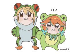 Rule 34 | :3, animal costume, animal hood, blonde hair, blue hair, chibi, closed mouth, commentary, cosplay, earrings, english commentary, frog costume, froggy (polygonal mind), froggy (polygonal mind) (cosplay), frogiwawa, full body, hands on own hips, highres, hololive, hololive english, hood, jewelry, lillie (uhlillie), looking at viewer, multicolored hair, multiple girls, nijisanji, nijisanji en, notice lines, orange hair, pointy ears, pomu rainpuff, poptepipic, red eyes, simple background, standing, takanashi kiara, twitter username, virtual youtuber, white background