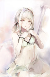 Rule 34 | 1girl, absurdres, ahoge, bare arms, bare shoulders, brown eyes, commentary request, dress, grey hair, hanagin, hands up, highres, long hair, looking at viewer, low twintails, navel, original, panties, parted lips, sidelocks, sleeveless, sleeveless dress, solo, twintails, underwear, white dress, white panties