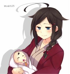Rule 34 | 10s, 2girls, ahoge, alternate costume, alternate hairstyle, baby, baby carry, bad id, bad twitter id, blue eyes, braid, brown hair, carrying, haori, japanese clothes, jewelry, kantai collection, mother and daughter, multiple girls, ring, shigure (kancolle), wedding band, yukichi (eikichi)