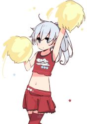 Rule 34 | 1girl, alternate costume, alternate hairstyle, anchor symbol, arm up, blue eyes, cheerleader, crop top, expressionless, feet out of frame, hibiki (kancolle), kantai collection, long hair, midriff, navel, pleated skirt, pom pom (cheerleading), ponytail, red skirt, red thighhighs, simple background, skirt, solo, thighhighs, white background, white hair, yoru nai
