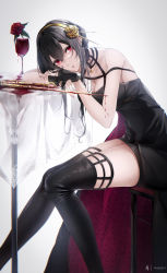 Rule 34 | 1girl, bare arms, bare shoulders, black choker, black dress, black gloves, black hair, black thighhighs, blood, blood drip, breasts, choker, cleavage, cup, dagger, dress, drink, drinking glass, feet out of frame, fingerless gloves, flower, from side, glint, gloves, gold hairband, hair between eyes, hairband, head rest, highres, knife, looking at viewer, medium breasts, parted lips, red eyes, red flower, red rose, rose, short hair with long locks, sitting, sleeveless, sleeveless dress, solo, spill, spy x family, stiletto (weapon), strap slip, table, tablecloth, thighhighs, thighs, two-sided dress, two-sided fabric, weapon, wine glass, yoaferia, yor briar, zettai ryouiki