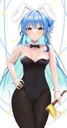 Rule 34 | 1girl, absurdres, alternate breast size, animal ears, axe, black bow, black bowtie, black leotard, black pantyhose, blue eyes, blue hair, bow, bowtie, breasts, cowboy shot, detached collar, hair between eyes, hand on own hip, highres, hoangryu, holding, hololive, hoshimachi suisei, leotard, long hair, looking at viewer, medium breasts, pantyhose, playboy bunny, rabbit ears, solo, star (symbol), star in eye, strapless, strapless leotard, symbol in eye, virtual youtuber, wrist cuffs