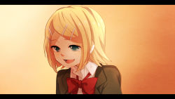Rule 34 | 1girl, blonde hair, blue eyes, face, female focus, gradient background, hair ornament, hairclip, kagamine rin, letterboxed, open mouth, orange (vocaloid), school uniform, short hair, smile, solo, tama (songe), vocaloid