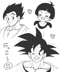 Rule 34 | absurdres, black eyes, black hair, dragon ball, emoji, family, father and daughter, father and son, grandfather and granddaughter, happy, heart, highres, monochrome, muscular, muscular male, pan (dragon ball), smile, son gohan, son goku, tagme