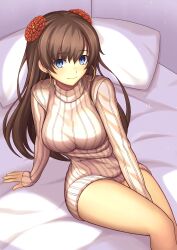 Rule 34 | 1girl, absurdres, alternate costume, between legs, blue eyes, breasts, brown hair, commentary request, earrings, fate/grand order, fate (series), hair ornament, hand between legs, highres, hisato nago, hoop earrings, jewelry, large breasts, long hair, long sleeves, looking at viewer, mata hari (fate), on bed, pillow, ribbed sweater, sitting, smile, solo, sweater