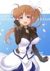 Rule 34 | 1girl, aged up, black gloves, blue eyes, brown hair, commentary request, cowboy shot, dress, fingerless gloves, gloves, happy birthday, highres, long hair, looking at viewer, lyrical nanoha, mahou shoujo lyrical nanoha strikers, pucho, side ponytail, solo, takamachi nanoha, takamachi nanoha (exceed mode), white dress