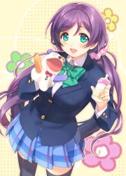 Rule 34 | 10s, 1girl, baby bottle, bad id, bad pixiv id, black thighhighs, blazer, blue skirt, blush, bottle, bow, green eyes, jacket, long hair, looking at viewer, love live!, love live! school idol project, open mouth, plaid, plaid skirt, purple hair, school uniform, skirt, solo, thighhighs, tokira nozumi, tojo nozomi, twintails