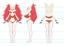 Rule 34 | 1girl, animal ears, ass, barefoot, bikini, braixen, braxy (lucyfer), breasts, character sheet, cleavage, creatures (company), curvy, fox ears, fox girl, full body, furry, furry female, game freak, gen 6 pokemon, gloves, highres, huge ass, large breasts, looking at viewer, lucyfer, multiple views, nintendo, no humans, pokemon, pokemon (creature), red bikini, red eyes, standing, swimsuit, wide hips