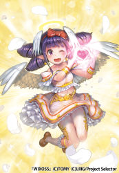 Rule 34 | 1girl, ;d, bow, breasts, dress, drill hair, earrings, fang, feathers, frills, full body, gloves, gold trim, hair bow, hair wings, hairband, hands up, head wings, heart, heart earrings, heart hands, highres, holding, jewelry, kousaku, looking at viewer, medium breasts, midriff, official art, one eye closed, open mouth, pointy ears, purple eyes, quad drills, red bow, red hairband, smile, solo, white feathers, white gloves, white wings, wings, wixoss, yellow background