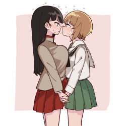 Rule 34 | 2girls, after kiss, aoi kujira, asymmetrical docking, blush, breast press, breasts, bulge, erection, erection under clothes, eye contact, facing another, from side, futanari, girls und panzer, heart, holding hands, interlocked fingers, large breasts, long hair, looking at another, multiple girls, nishi kinuyo, nishizumi miho, nose blush, pleated skirt, saliva, saliva trail, school uniform, short hair, simple background, skirt, straight hair, sweatdrop, two-tone background, very long hair, yuri
