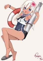 Rule 34 | 10s, 1girl, baicha, barefoot, blonde hair, blue eyes, crop top, dated, feet, flower, full body, hair flower, hair ornament, innertube, kantai collection, lifebuoy, long hair, looking at viewer, one-piece swimsuit, open mouth, ro-500 (kancolle), school swimsuit, school uniform, serafuku, signature, simple background, smile, solo, swim ring, swimsuit, swimsuit under clothes, tan, tanline, torpedo, very long hair, white background