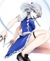 Rule 34 | 1girl, apron, between fingers, blue dress, blue eyes, braid, breasts, dress, from side, highres, holding, holding knife, izayoi sakuya, knife, knives between fingers, looking at viewer, looking to the side, maid, maid headdress, medium breasts, mouth hold, puffy short sleeves, puffy sleeves, short sleeves, silver hair, sinkai, solo, squatting, touhou, twin braids, waist apron