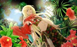 Rule 34 | 1girl, alternate costume, animal, animal on arm, bird, bird on arm, blonde hair, blue eyes, blue sky, breasts, day, dutch angle, floral print, flower, hair between eyes, hibiscus, lily (vocaloid), long hair, midriff, outdoors, palm tree, paraiso, parrot, red eyes, side-tie skirt, sky, sleeveless, small breasts, solo, tattoo, thighhighs, tree, tropical, very long hair, vocaloid