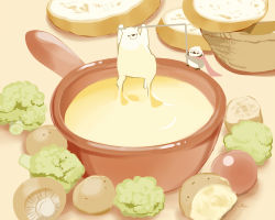 Rule 34 | arms up, basket, bear, bird, bowl, bread, bread slice, broccoli, chai (drawingchisanne), cheese, commentary, food, food focus, hands up, hanging, hat, mushroom, no humans, original, penguin, polar bear, scarf, soup