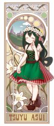 Rule 34 | 10s, 1girl, absurdres, alternate costume, asui tsuyu, blush, boku no hero academia, boots, breasts, character name, cleavage, cloud, corset, dress, closed eyes, floral print, flower, flower on head, full body, green hair, hair rings, highres, lilies, long hair, moon, mountain, mowmow26, pinstripe pattern, puffy short sleeves, puffy sleeves, short sleeves, simple background, sky, smile, solo, star (symbol), striped, tarot, white background