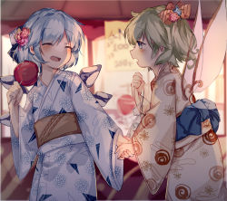 Rule 34 | 2girls, alternate costume, bag, bagged fish, blue bow, blue eyes, blue hair, blue kimono, blush, booth seating, bow, candy apple, cirno, commentary, cowboy shot, daiyousei, detached wings, closed eyes, fairy wings, fish, food, green hair, hair bow, hair ornament, holding hands, hand up, holding, holding food, ice, ice wings, japanese clothes, kimono, long sleeves, looking at another, multiple girls, night, open mouth, print kimono, short hair, side ponytail, sorani (kaeru0768), summer festival, touhou, wide sleeves, wings, yukata