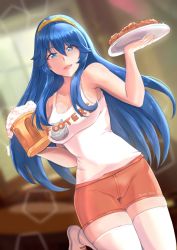 Rule 34 | 1girl, alcohol, beer, blue eyes, blue hair, breasts, cleavage, fire emblem, highres, hooters, long hair, lucina (fire emblem), medium breasts, nintendo, rinku bny, shorts, smile, solo, tank top