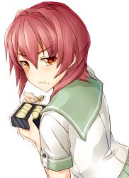 Rule 34 | &gt;:t, 10s, 1girl, :t, arched back, bad id, bad pixiv id, box, cookie, eating, food, food on face, hair between eyes, holding, holding box, kantai collection, kinu (kancolle), looking back, pallad, red eyes, red hair, school uniform, serafuku, short hair, short sleeves, simple background, solo, tears, trembling, v-shaped eyebrows, white background, white day