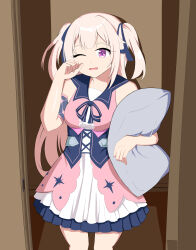 Rule 34 | 1girl, absurdres, bow, commission, door, dress, hair ribbon, highres, holding, holding pillow, hoshifuri iku, indie virtual youtuber, indoors, long hair, looking at viewer, one eye closed, open mouth, pillow, pink eyes, prism project, ribbon, skirt, solo, virtual youtuber, wink
