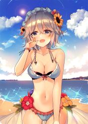 Rule 34 | 1girl, bare arms, bare shoulders, beach, bikini, blue bikini, blue eyes, blue sky, blush, bow, braid, breasts, cleavage, cloud, collarbone, commentary request, cowboy shot, day, flower, frilled bikini, frills, hair between eyes, hair bow, hair flower, hair ornament, hand up, hibiscus, highres, izayoi sakuya, kirero, leaf, maid headdress, medium breasts, nail polish, navel, open mouth, outdoors, pink nails, purple flower, purple rose, red bow, red flower, red rose, rose, sand, short hair, silver hair, sky, smile, solo, sparkle, standing, stomach, sun, sunflower, swimsuit, thighs, touhou, twin braids, water, yellow flower