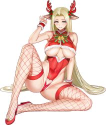Rule 34 | 1girl, animal ears, areola slip, armpits, bare shoulders, bell, blonde hair, blue eyes, blush, breasts, christmas, clothing cutout, covered erect nipples, covered navel, crotch cutout, crotch seam, deer ears, fake animal ears, fake antlers, fishnet thighhighs, fishnets, fur-trimmed footwear, fur-trimmed leotard, fur trim, green ribbon, grin, groin, groin tendon, hair intakes, hair ornament, heart, heart cutout, high heels, highleg, highleg leotard, highres, jingle bell, large breasts, last origin, leotard, light green hair, linea alba, long hair, looking at viewer, mistletoe hair ornament, neck ribbon, no bra, official alternate costume, official art, parted lips, partially visible vulva, red footwear, red leotard, red ribbon, red thighhighs, red wrist cuffs, ribbed leotard, ribbon, sitting, skindentation, smile, solo, striped ribbon, taesi, thighhighs, transparent background, underboob, underboob cutout, very long hair, wraithy (last origin), wrist cuffs, yokozuwari