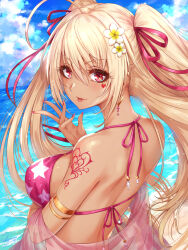 Rule 34 | 1girl, ahoge, armlet, artist name, bare shoulders, beach, bikini, blush, breasts, closed mouth, commentary request, day, earrings, facial tattoo, flower, hair flower, hair ornament, hair ribbon, heart, heart tattoo, highres, jewelry, large breasts, long hair, looking at viewer, nail polish, original, outdoors, pink bikini, pink lips, pink nails, red eyes, ribbon, sakiyamama, shawl, shoulder tattoo, signature, solo, star (symbol), star print, swimsuit, tan, tattoo, twintails, very long hair