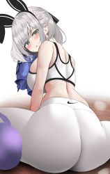 Rule 34 | 1girl, absurdres, animal ears, ass, blush, braid, breasts, drying, fake animal ears, french braid, green eyes, grey hair, highres, holding, holding towel, hololive, kuse (0201), large breasts, looking at viewer, looking back, nike (company), pants, parted lips, shirogane noel, short hair, sitting, solo, sports bra, spread legs, sweat, towel, unfinished, virtual youtuber, white pants