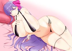 Rule 34 | 1girl, absurdres, artist request, bed, belly, bikini, bow, breasts, collarbone, curvy, fate/grand order, fate (series), hair bow, hair ornament, highres, huge breasts, long hair, looking at viewer, lying, navel, passionlip (fate), pillow, plump, purple eyes, purple hair, slingshot swimsuit, smile, swimsuit, thick thighs, thighs, very long hair