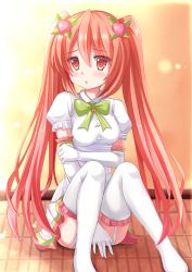 Rule 34 | 1girl, blush, borrowed character, bow, bowtie, collared dress, dress, elbow gloves, garter straps, gloves, green bow, green bowtie, hair between eyes, hair ornament, highres, kazenokaze, long hair, original, pink eyes, pink hair, short sleeves, sitting, solo, thighhighs, twintails, white gloves, white thighhighs