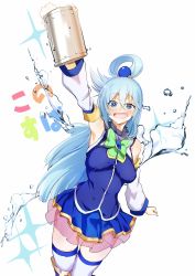 Rule 34 | 1girl, absurdres, alcohol, aqua (konosuba), arm up, beer, beer mug, blue dress, blue eyes, blue hair, blush, bow, bowtie, breasts, copyright name, cup, detached sleeves, dress, foam, green bow, green bowtie, hair bobbles, hair ornament, hair rings, highres, holding, holding cup, kono subarashii sekai ni shukufuku wo!, long hair, looking at viewer, medium breasts, mug, open mouth, rx hts, simple background, solo, sparkle, thighhighs, very long hair, water, white background, white thighhighs