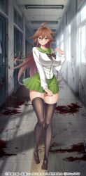 Rule 34 | 1girl, ahoge, aqua eyes, black footwear, black necktie, black thighhighs, blood, blood on ground, blood on wall, blush, breasts, brown hair, closed mouth, copyright notice, day, fujimi high school uniform, full body, green skirt, hair between eyes, highres, highschool of the dead, indoors, lamp, large breasts, long hair, long sleeves, miniskirt, necktie, nyx (queen&#039;s blade), official art, pleated skirt, queen&#039;s blade, queen&#039;s blade limit break, school, school uniform, shirt, shoes, skirt, solo, standing, straight hair, sunlight, thighhighs, thighs, very long hair, wallpaper, white shirt, window, zettai ryouiki