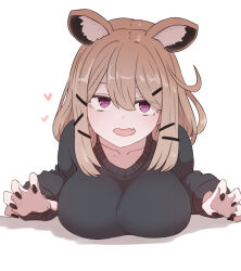 Rule 34 | 1girl, animal ear fluff, arknights, black nails, black sweater, breasts, brown hair, claw pose, collarbone, fang, hair between eyes, large breasts, long sleeves, looking at viewer, medium hair, open mouth, puffy long sleeves, puffy sleeves, purple eyes, simple background, skin fang, slit pupils, smile, solo, sumiyao (amam), sweater, upper body, utage (arknights), white background
