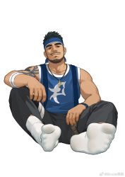 Rule 34 | 1boy, arm tattoo, bandaged leg, bandages, bara, bare arms, beard, black hair, blue headband, blue shirt, brucie (infighter821), commission, cross, cross necklace, dark-skinned male, dark skin, dungeon and fighter, facial hair, feet, figure, foot focus, from below, headband, highres, jewelry, koji (wildlhz), looking at viewer, male focus, male priest (dungeon and fighter), mature male, muscular, muscular male, necklace, pectorals, red eyes, second-party source, shirt, short hair, sidepec, sitting, sleeveless, sleeveless shirt, socks, solo, tattoo, white background, white socks