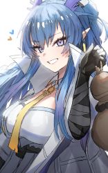 Rule 34 | 1girl, :d, absurdres, arknights, black gloves, blue eyes, blue hair, breasts, dragon horns, dress, earrings, elbow gloves, gloves, gourd, heart, highres, holding, horn/wood, horns, jewelry, large breasts, ling (arknights), long hair, looking at viewer, necktie, open mouth, parted lips, pointy ears, ponytail, sidelocks, simple background, smile, solo, strapless, strapless dress, upper body, white background, white dress, yellow necktie