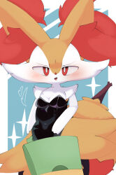Rule 34 | 1girl, animal ear fluff, animal ears, animal focus, arm at side, black leotard, blue background, blush, body fur, border, braixen, breasts, cleavage, clothed pokemon, covered navel, cowboy shot, creatures (company), fang, female focus, fox ears, fox girl, fox tail, furry, furry female, game freak, gen 6 pokemon, happy, heart, highres, leotard, looking at viewer, neck fur, nintendo, open mouth, outside border, pokemon, pokemon (creature), red eyes, sakuyan (sakuyan1007), small breasts, smile, solo, sparkle, standing, stick, strapless, strapless leotard, tail, two-tone fur, v-shaped eyebrows, white border, white fur, yellow fur