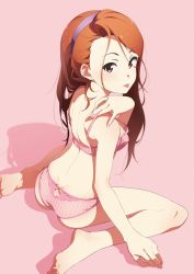 Rule 34 | 1girl, ass, back, bare shoulders, barefoot, blush, bra, brown eyes, brown hair, closed mouth, commentary request, fingernails, fukushi ryouhei, hairband, idolmaster, idolmaster (classic), legs, long hair, looking at viewer, looking back, minase iori, nail polish, panties, pink background, pink bra, pink nails, pink panties, simple background, sitting, solo, tongue, tongue out, underwear, underwear only, wariza