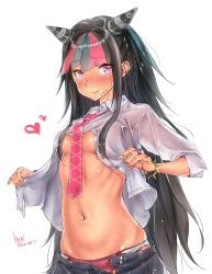 Rule 34 | 1girl, black hair, blush, breasts, commentary request, danganronpa (series), danganronpa 2: goodbye despair, grey hair, hair horns, heart, highres, jewelry, long hair, looking at viewer, medium breasts, mioda 69ch, mioda ibuki, multicolored hair, navel, necktie, open clothes, panties, piercing, pink eyes, pink hair, pleated skirt, ring, school uniform, simple background, skirt, solo, unbuttoned, unbuttoned shirt, underboob, underwear, undressing, very long hair, white background, white hair