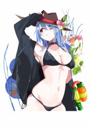 Rule 34 | 1girl, arm up, armpits, artistic error, bare shoulders, bikini, black bikini, black choker, black jacket, blue hair, breasts, brown hat, choker, collarbone, commentary request, cowboy shot, fedora, flower, food, fruit, groin, hair between eyes, halterneck, hat, highres, hinanawi tenshi, jacket, leaf, long hair, long sleeves, looking up, medium breasts, navel, off shoulder, one eye closed, open clothes, open jacket, parted lips, peach, pink flower, red eyes, red flower, simple background, skindentation, solo, standing, stomach, swimsuit, tetsurou (fe+), thighs, touhou, tulip, white background
