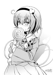 Rule 34 | 1girl, blouse, candy, collared shirt, covering own mouth, cowboy shot, food, frilled shirt collar, frilled sleeves, frills, from side, greyscale, hair between eyes, hairband, holding, holding candy, holding food, holding lollipop, komeiji satori, lollipop, looking at viewer, medium hair, monochrome, shirt, skirt, sleeves past wrists, solo, sweatdrop, swirl lollipop, tatsuya (guild plus), third eye, touhou, wide sleeves