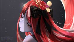 Rule 34 | 1girl, artist name, bare shoulders, black bow, bow, colored skin, commentary, english commentary, grey skin, highres, hololive, hololive indonesia, kureiji ollie, long hair, minxei, multicolored hair, paid reward available, solo, stitched face, stitches, tiara, virtual youtuber, zombie